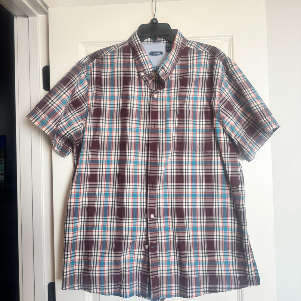 Izod Burgundy and Blue Plaid Button Down Shirt